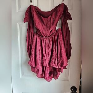Maroon Off the Shoulder Ruffle Romper